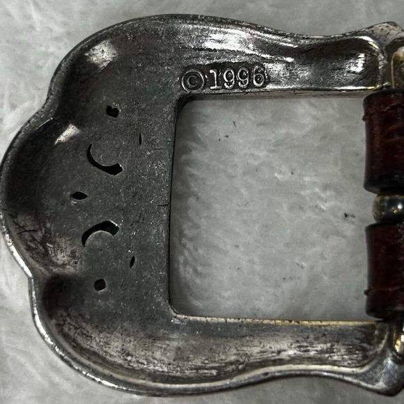 Vintage 1996 Brighton Brown Embossed Leather Belt Sz S Silver Metal Edges Buckle - Picture 3 of 15